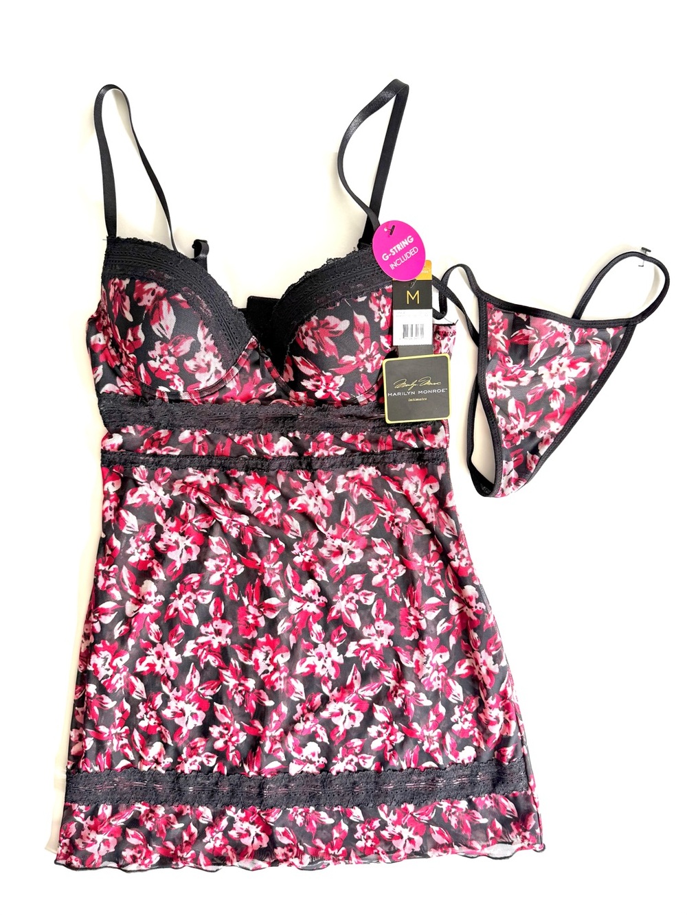 Marilyn Monroe Floral Chemise Lingerie Set Black Pink Lace Boudoir Coquette NWT